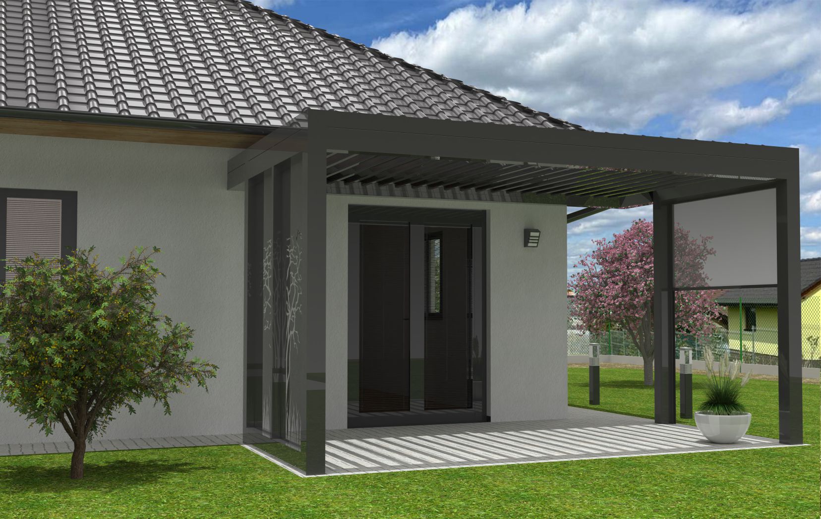 Bioklimatická hliníková pergola 3m x 5m, boční pevné stínění s motivem, boční stínění posuvné