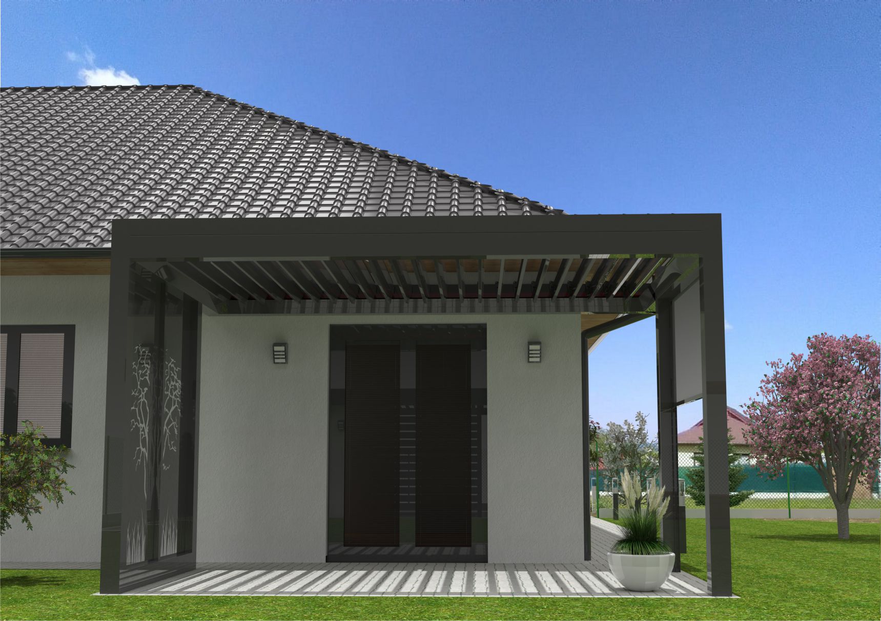 Bioklimatická hliníková pergola 3m x 5m, boční pevné stínění s motivem, boční stínění posuvné